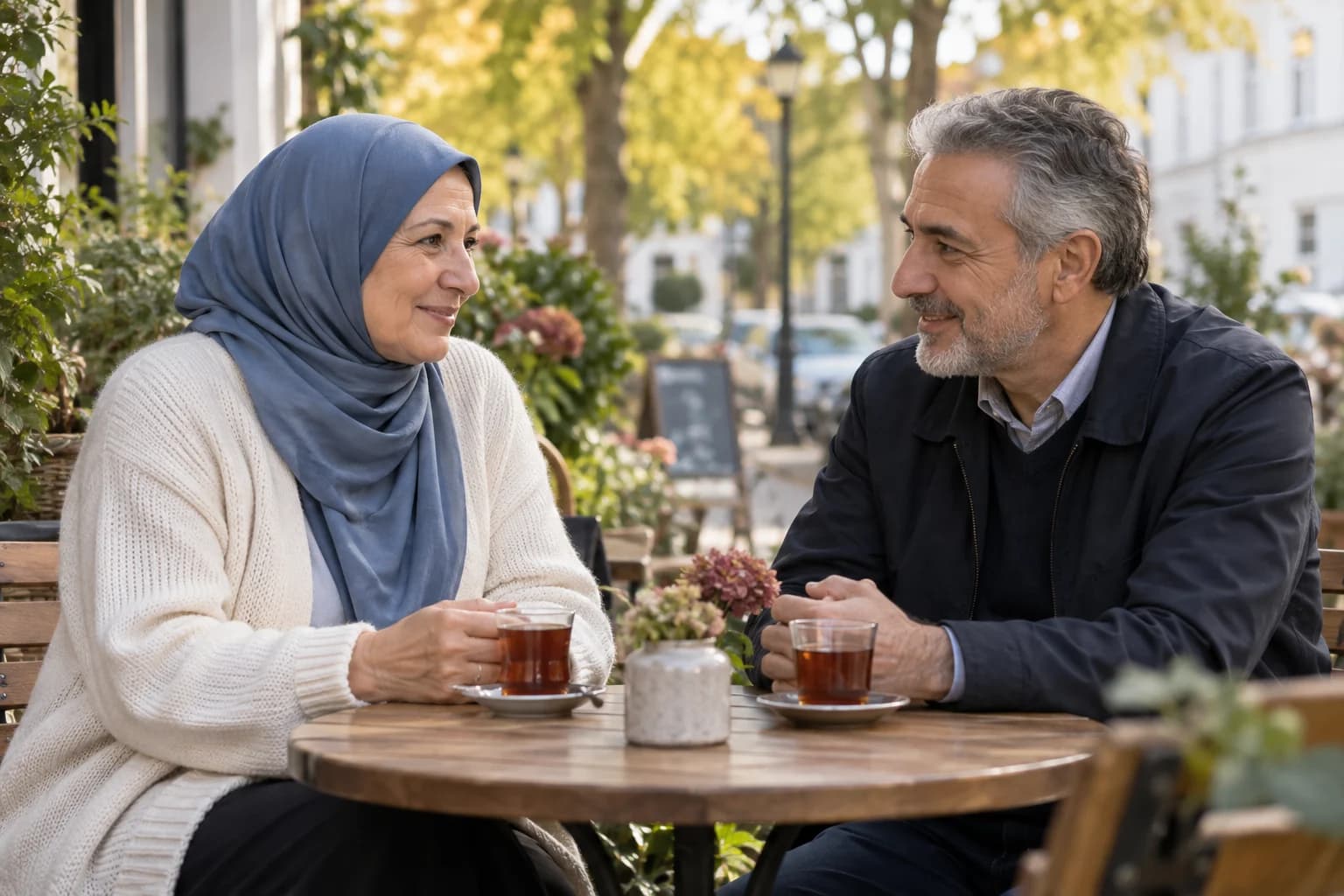Symbolbild: Zwei Menschen um die 60 unterhalten sich bei Tee in einem Café; die Frau trägt ein blaues Kopftuch.