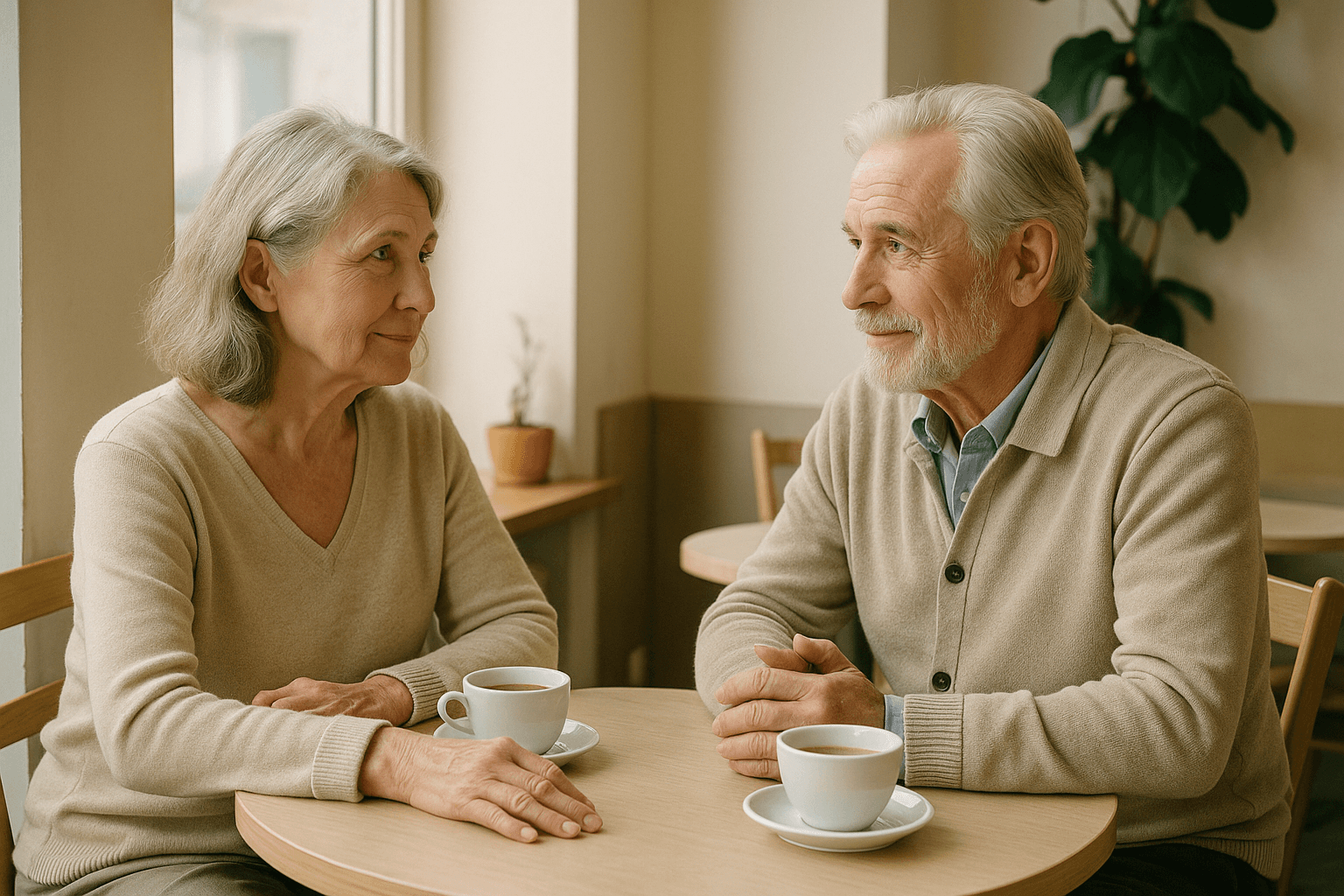 Two elderly adults sit at a round table in a cafe, sharing a calm conversation with cups of coffee nearby.