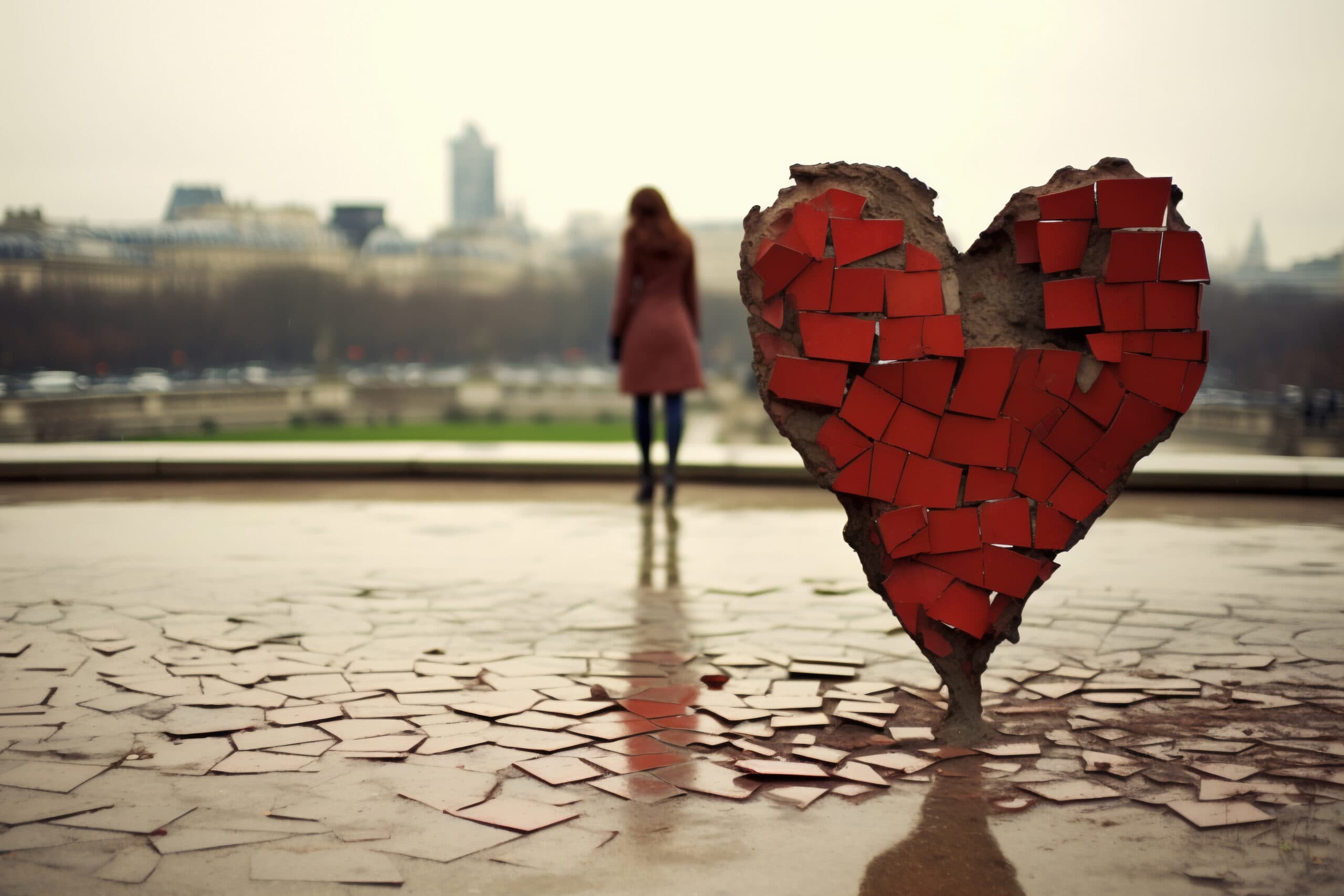 romance scam Zerbrochenes rotes Herz als Symbol für Liebeskummer und Trennung.