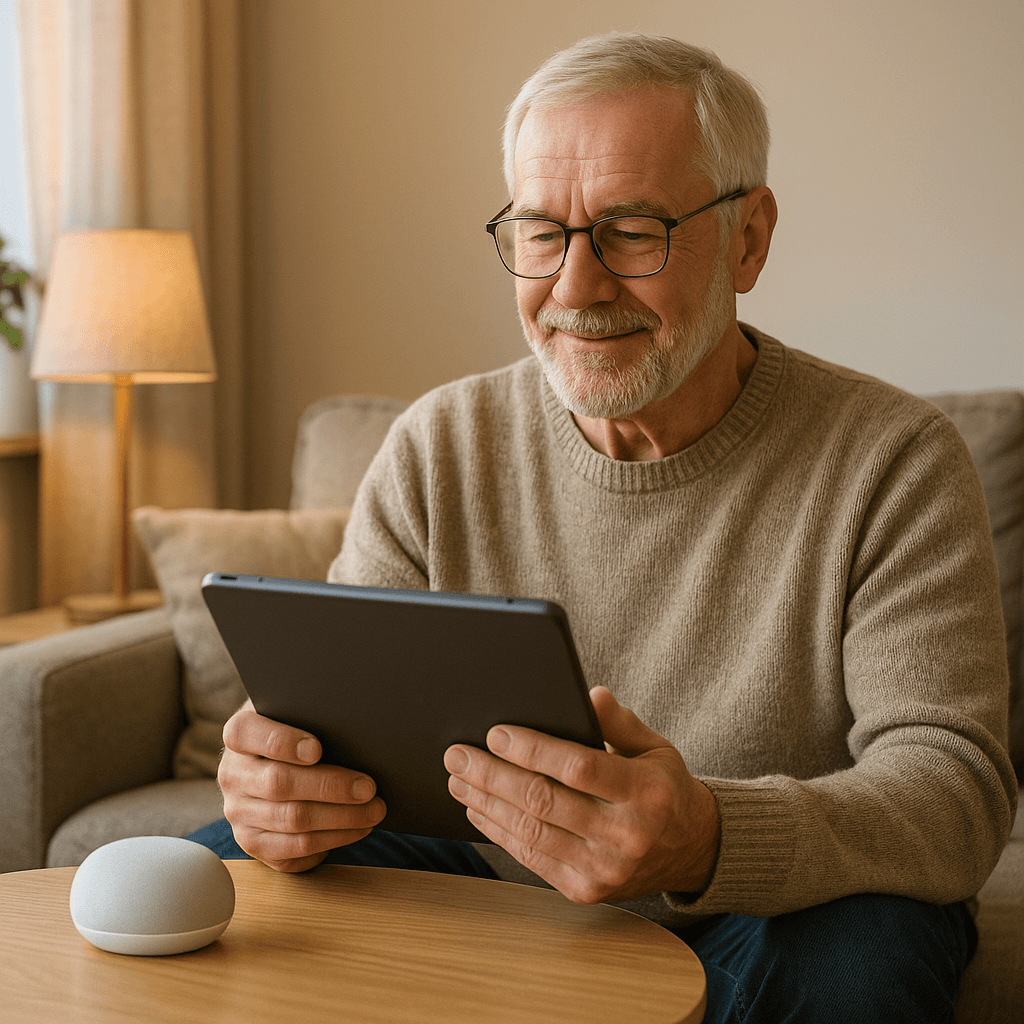 Older man with glasses sitting on a couch, holding a tablet and smiling while using it at home. A smart speaker sits on the table nearby.