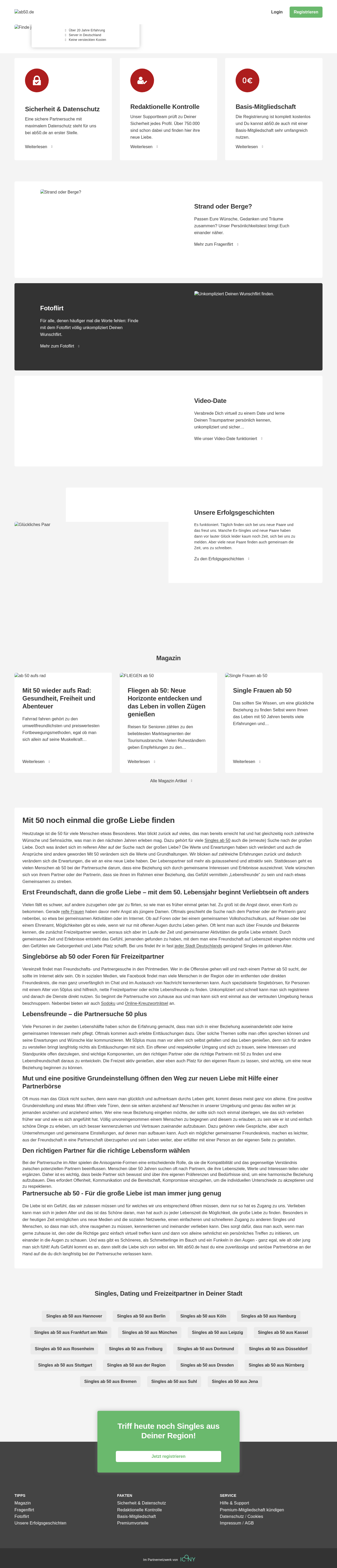 Wayback-Snapshot von ab50.de aus dem Jahr 2024 mit moderner Plattform-Struktur, Kartenmodulen und Magazin-Bereich.